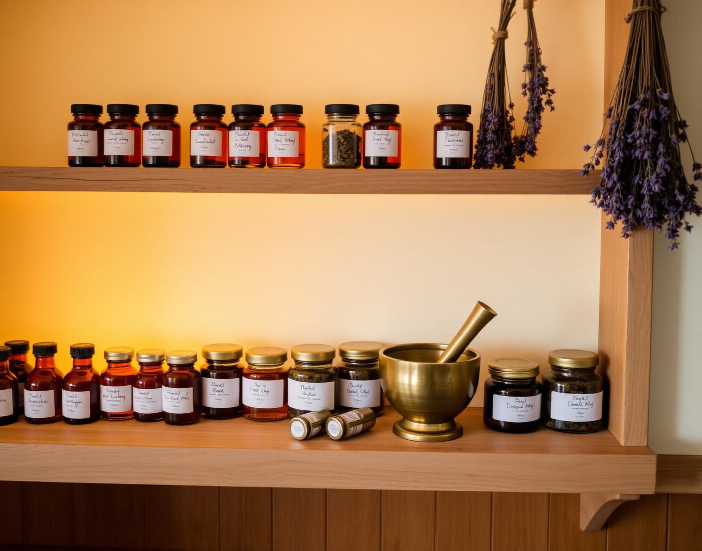 Apothecary shelf of amber tincture bottles, handwritten labels, brass mortar, and hanging dried lavender