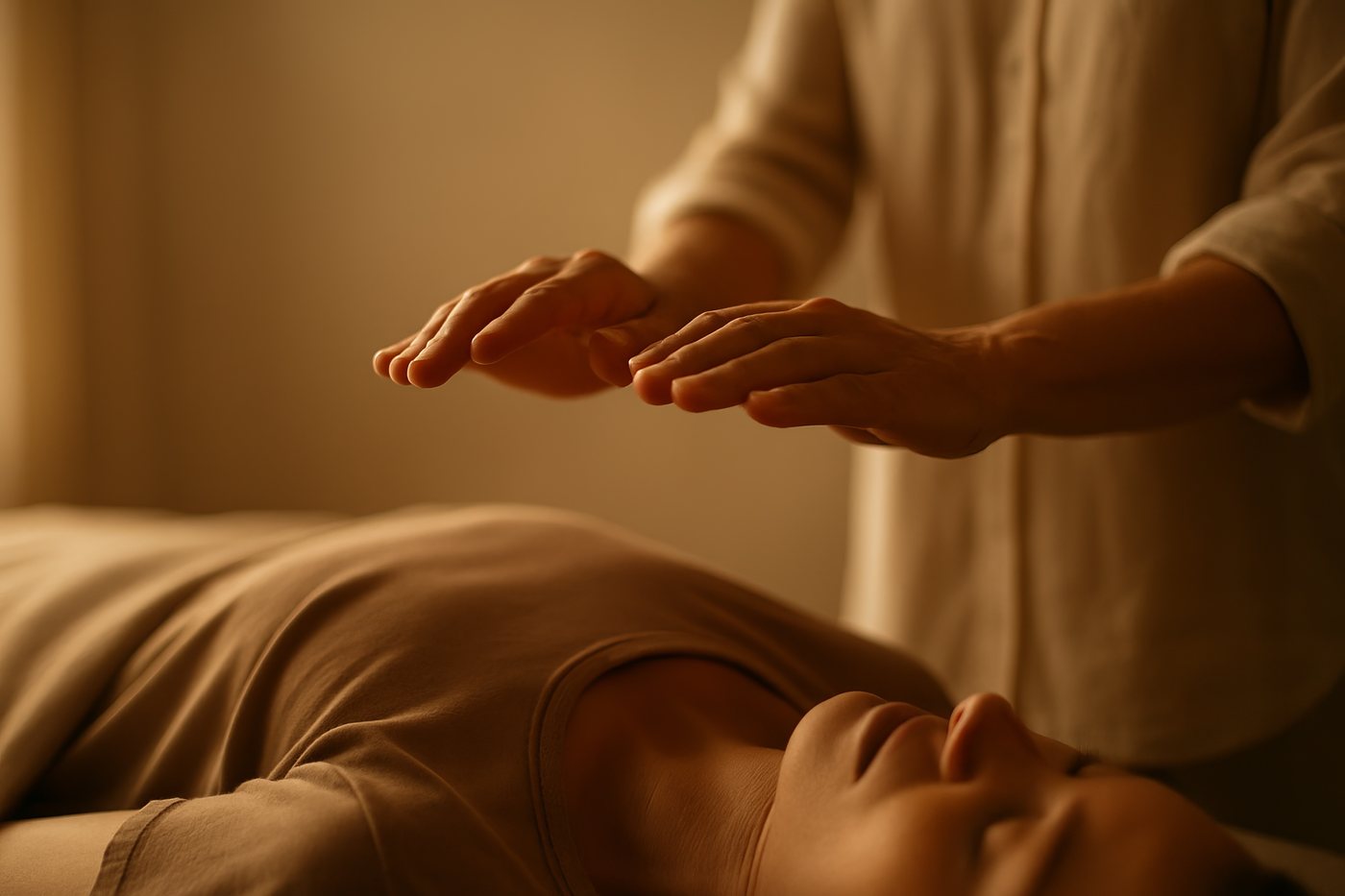 Reiki practitioner's hands hovering above a resting client in warm low light