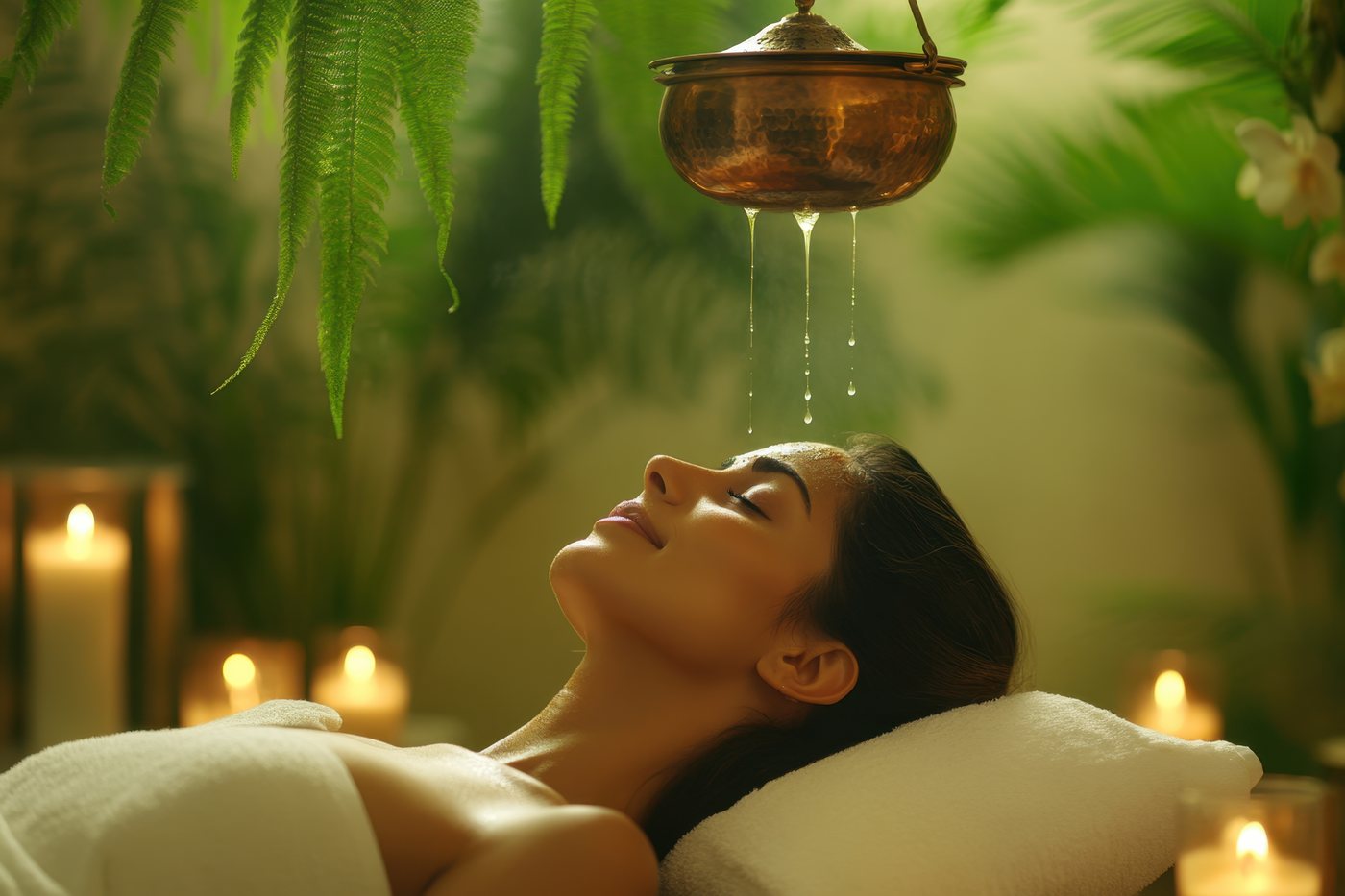 Warm oil streaming from a copper Shirodhara vessel onto a client's forehead by candlelight