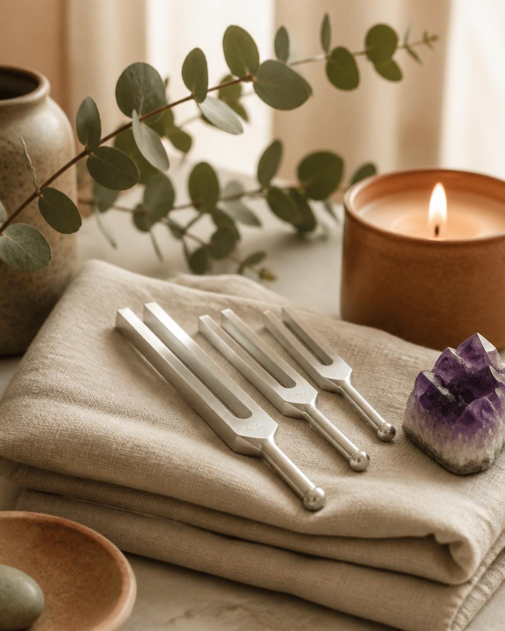 Polished tuning forks resting on folded linen beside an amethyst cluster and a lit candle